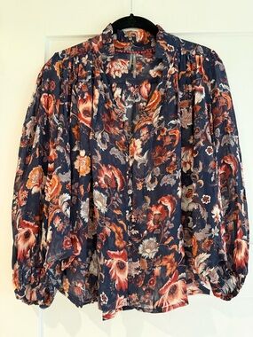 Anthropologie Navy Floral Button-Front Blouse with Rust and Cream